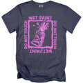 Dark gray t-shirt with pink "WET PAINT DO NOT TOUCH" graphic and paint splatter design.