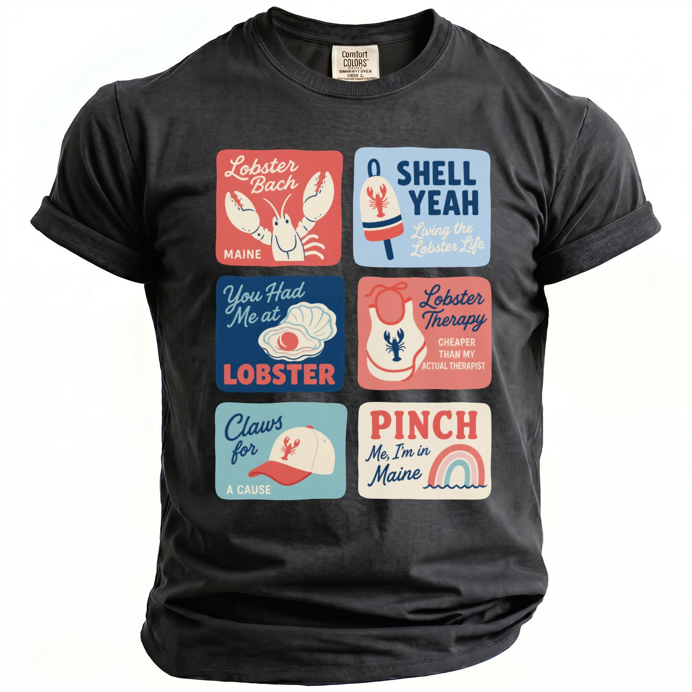 Black t-shirt with a six-panel graphic featuring lobster and Maine-themed sayings.