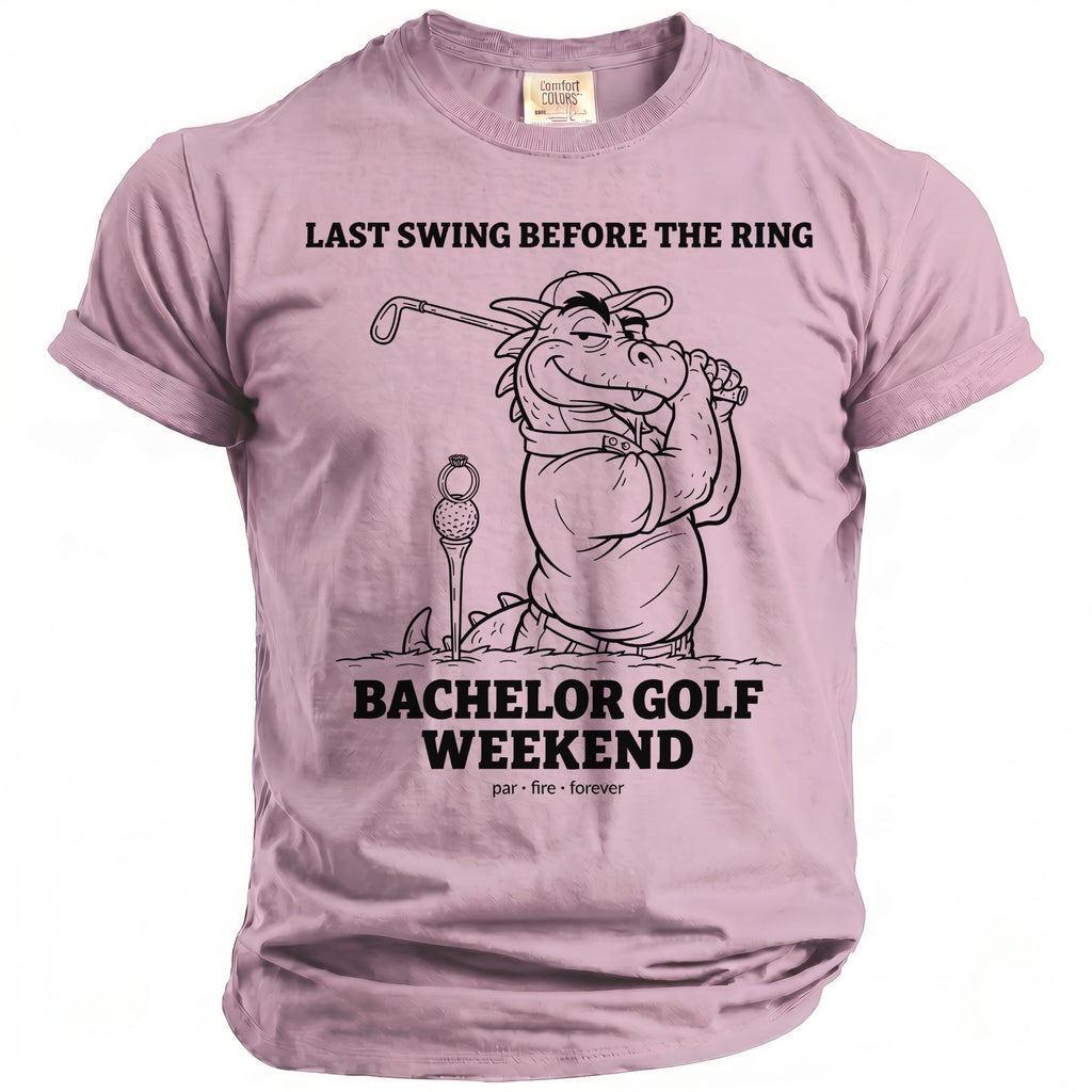 T-shirt with "Last Swing Before the Ring" and a dragon golfing graphic.