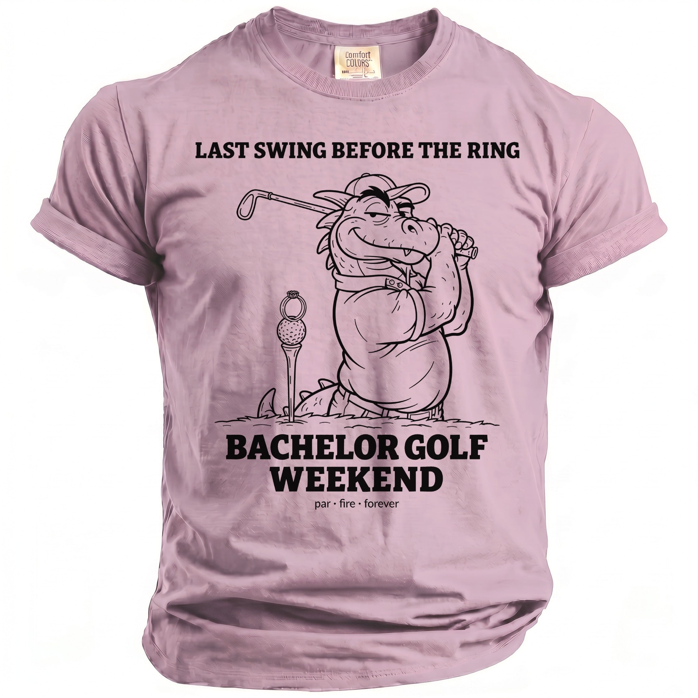 T-shirt with "Last Swing Before the Ring" and a dragon golfing graphic.