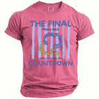 T-shirt with blue stripes, text "THE FINAL Mike's Bach COUNTDOWN", broken chain graphic, and "Malibu, CA Summer 2026".