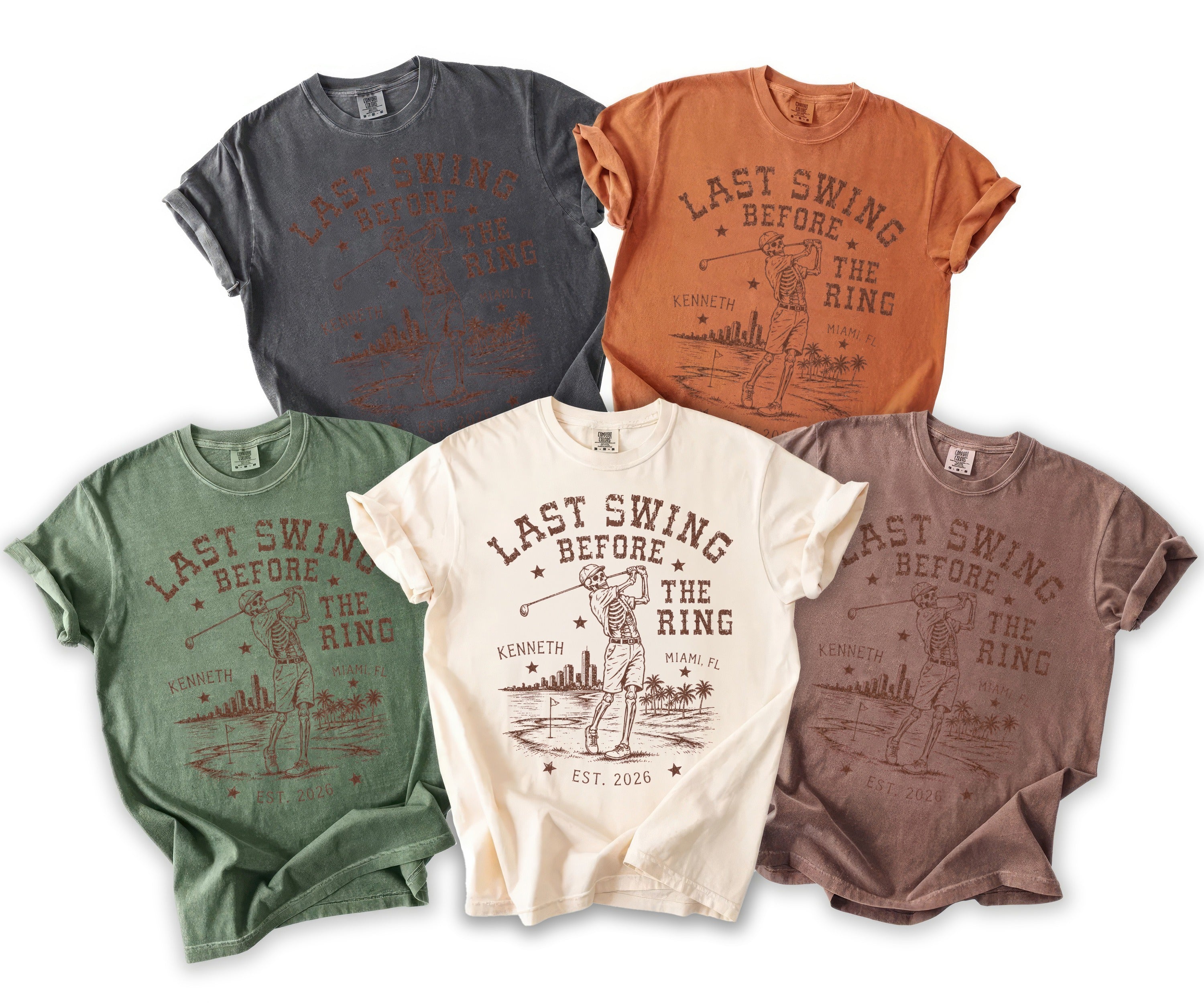 Five t-shirts in different colors featuring a skeleton golfer and "Last Swing Before The Ring" text.