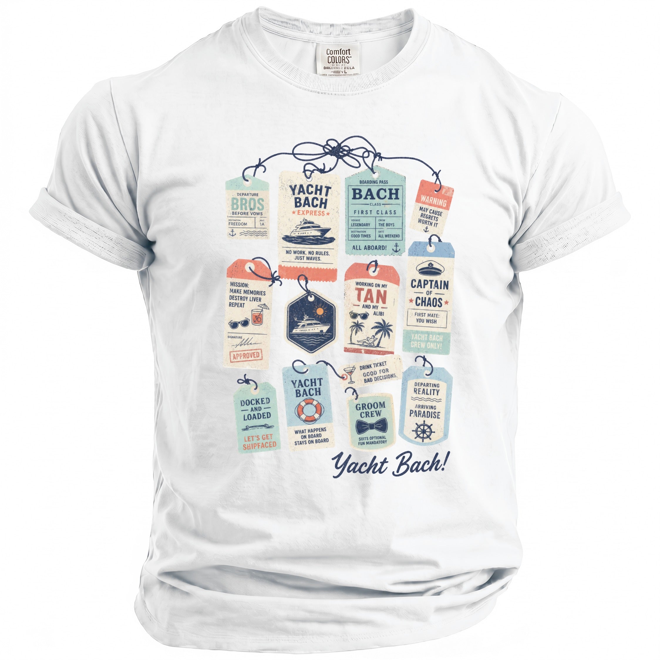 White t-shirt with a collection of vintage-style yacht party tags and "Yacht Bach!" text.