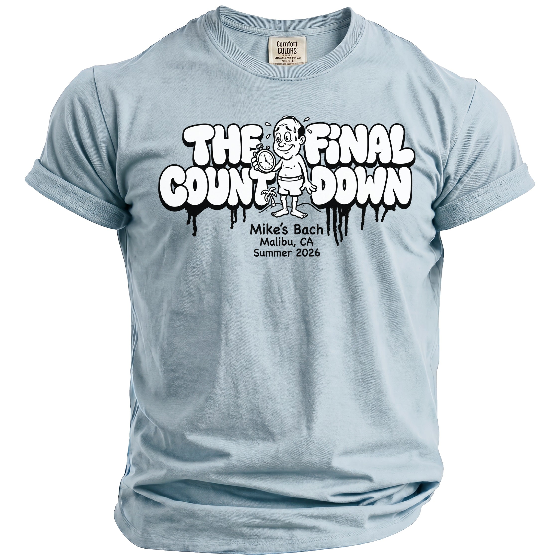 Light blue t-shirt with "THE FINAL COUNTDOWN" graphic and text.