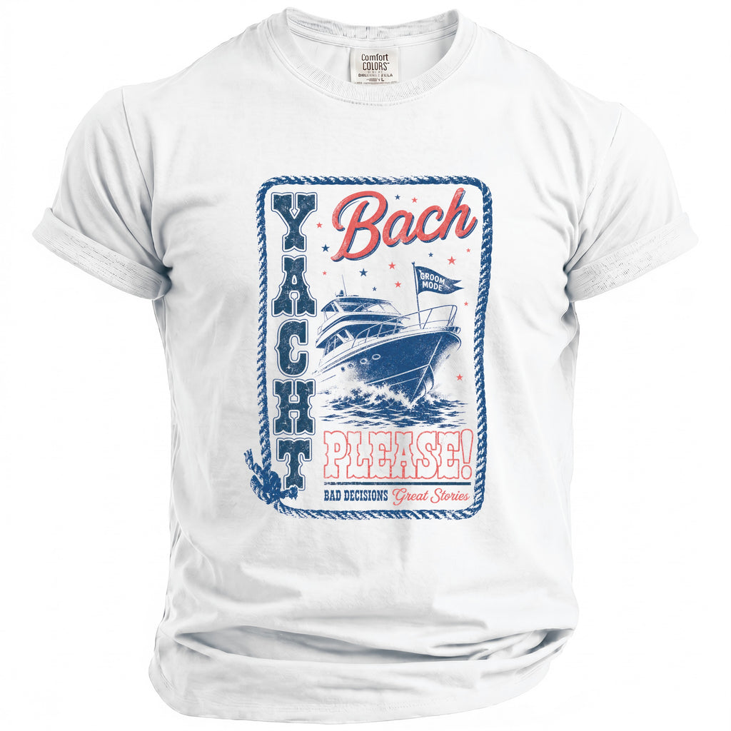 White t-shirt with "Yacht Bach Please!" and boat graphic.