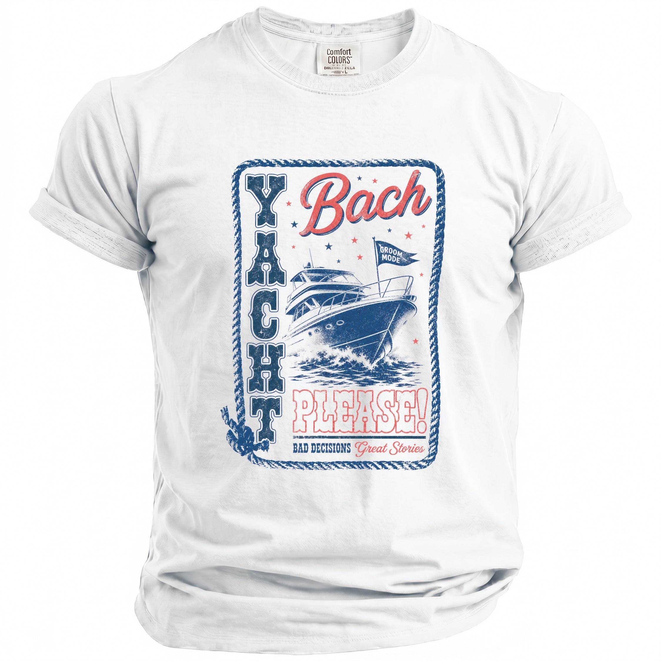 White t-shirt with "Yacht Bach Please!" and boat graphic.