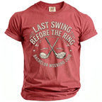 Red t-shirt with "Last Swing Before the Ring Bachelor Weekend 2026" and golf clubs graphic.