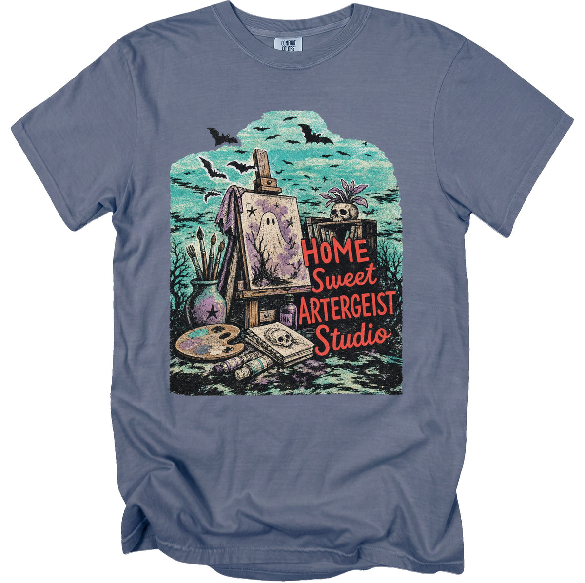 T-shirt with "HOME Sweet ARTERGEIST Studio" graphic featuring a ghost painting and bats.