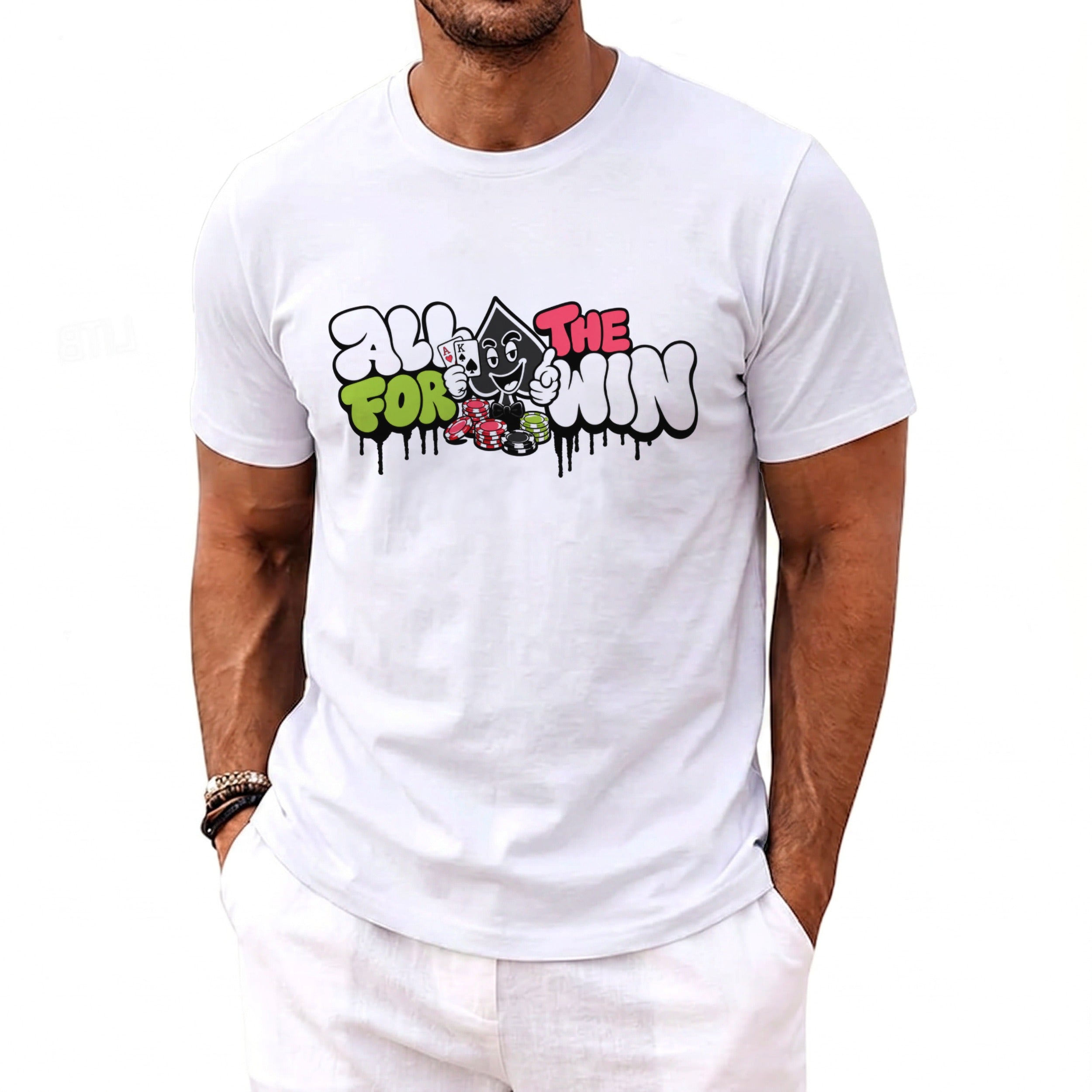 White t-shirt with cartoon spade character and "All For The Win" text.