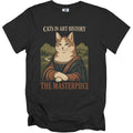 Black t-shirt with a cat in Mona Lisa pose, "Cats in Art History The Masterpiece".