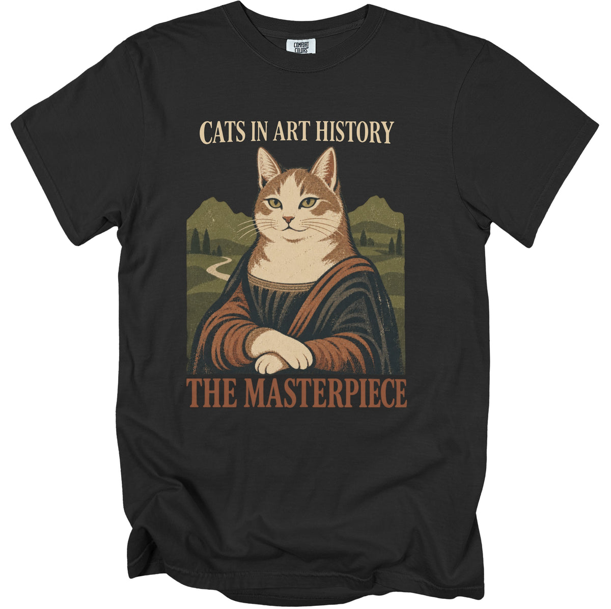 Black t-shirt with a cat in Mona Lisa pose, "Cats in Art History The Masterpiece".