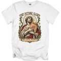 Graphic of a saint holding a burger and fries with text "The Patron Saint of Late Nights".