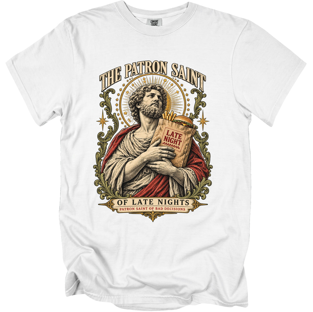 Graphic of a saint holding a burger and fries with text "The Patron Saint of Late Nights".