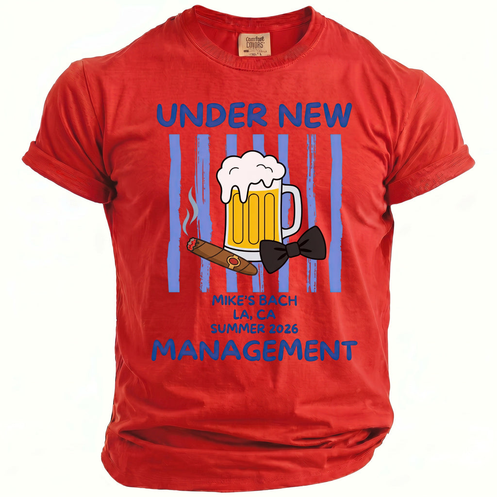Red t-shirt with "Under New Management" text, beer, cigar, and bow tie graphic.