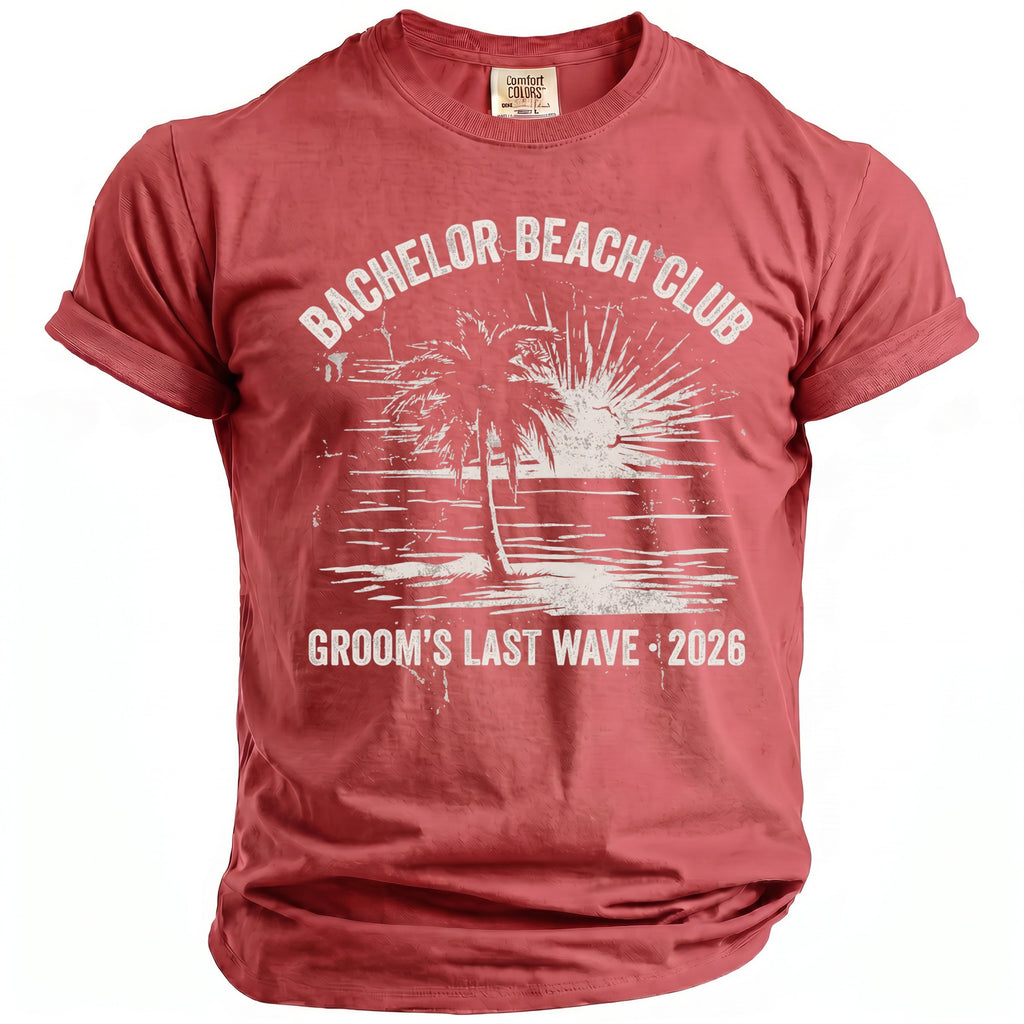 Red t-shirt with "Bachelor Beach Club" and "Groom's Last Wave 2026" graphics.