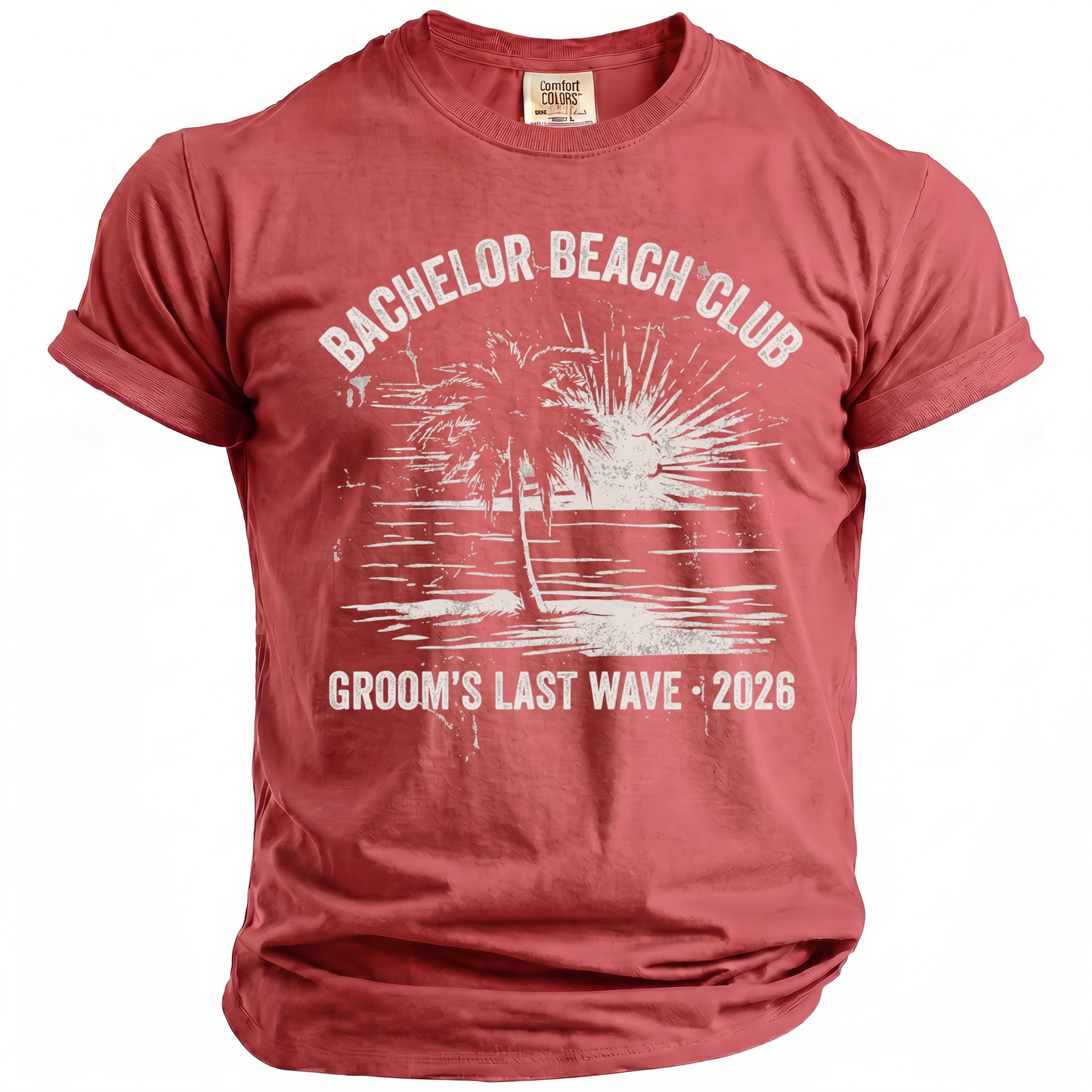 Red t-shirt with "Bachelor Beach Club" and "Groom's Last Wave 2026" graphics.