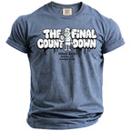 Blue t-shirt with "The Final Countdown" graphic and event details.