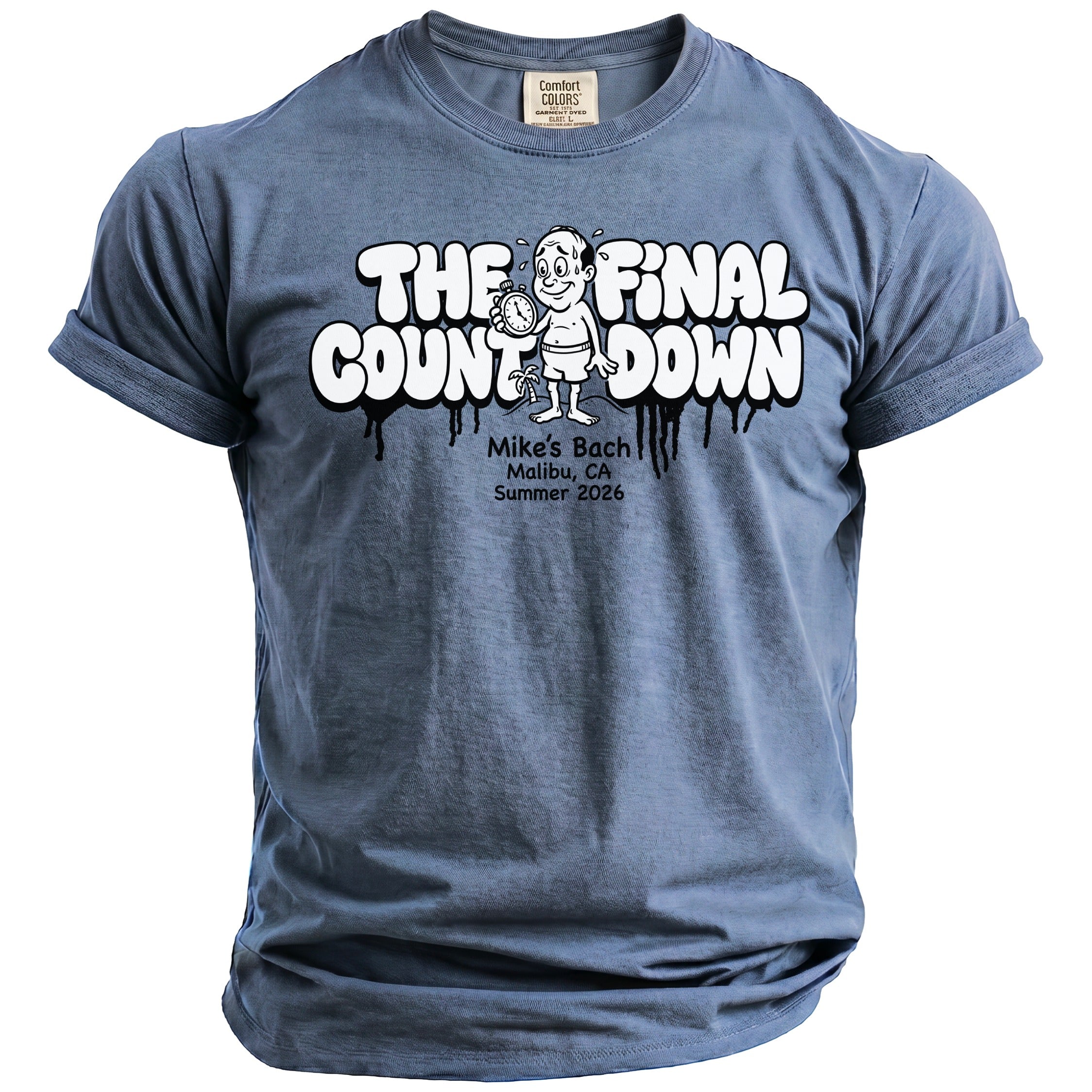 Blue t-shirt with "The Final Countdown" graphic and event details.