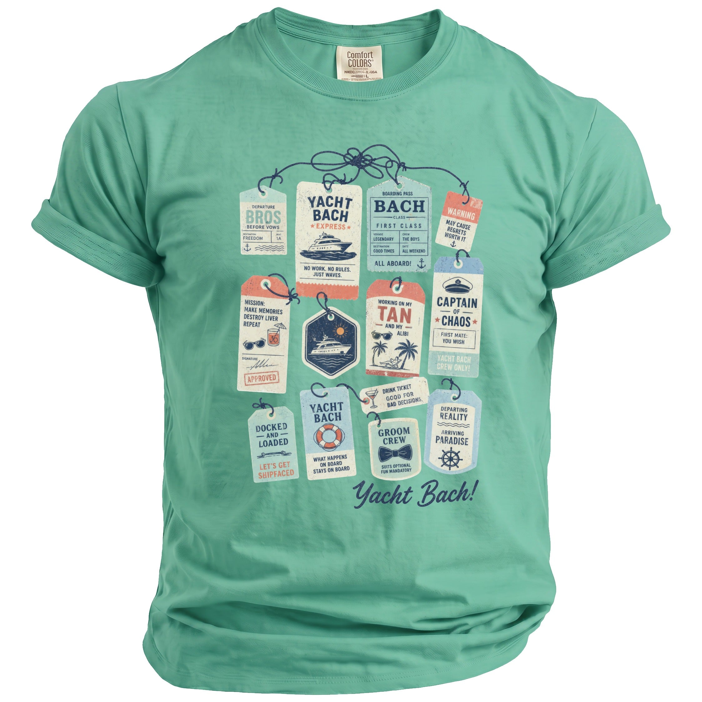 Green t-shirt with "Yacht Bach!" graphic featuring tags with nautical themes.