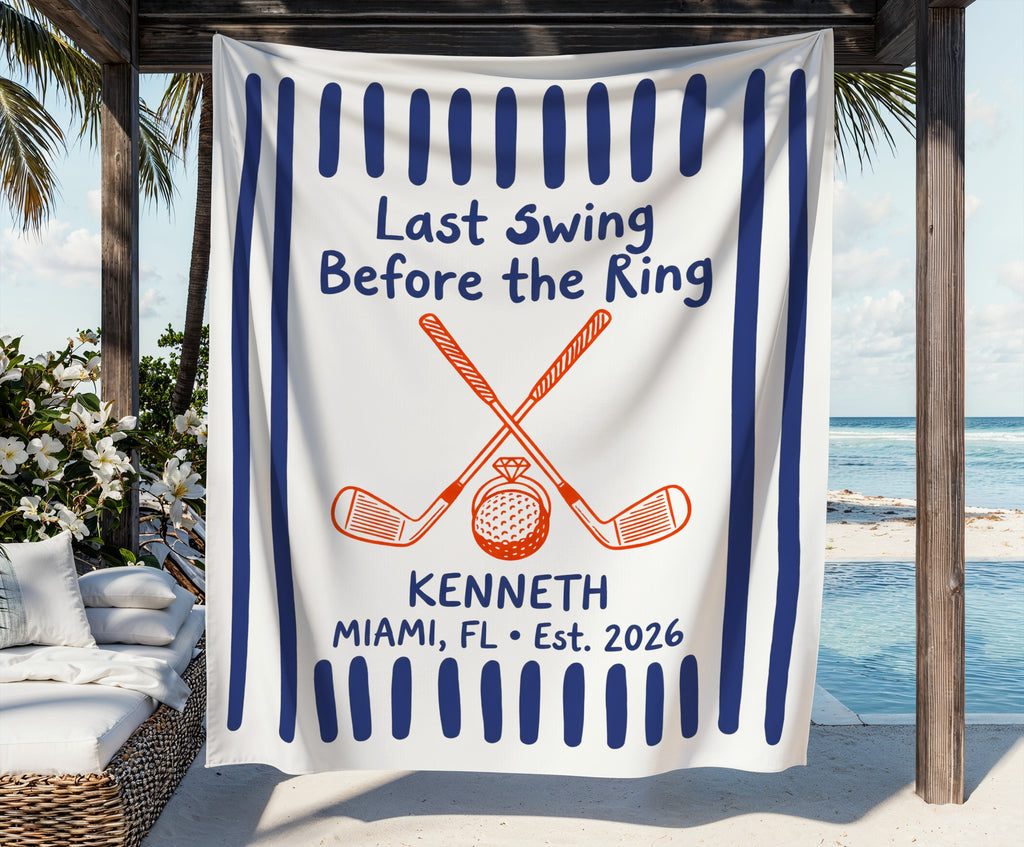 Beach towel with golf clubs, ring, and text "Last Swing Before the Ring Kenneth Miami, FL Est. 2026".