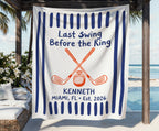 Beach towel with golf clubs, ring, and text "Last Swing Before the Ring Kenneth Miami, FL Est. 2026".