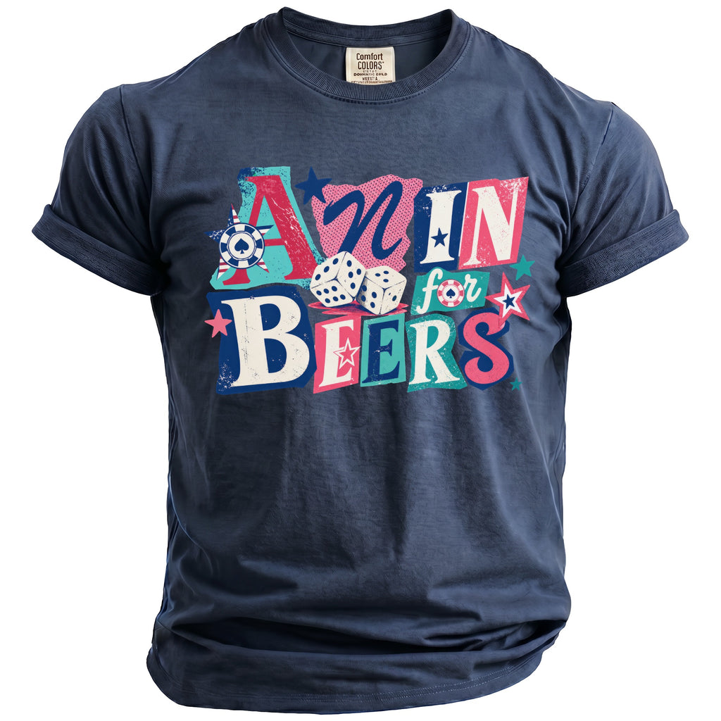 Navy t-shirt with "AZ-N IN BEERS" text, dice, and casino symbols.