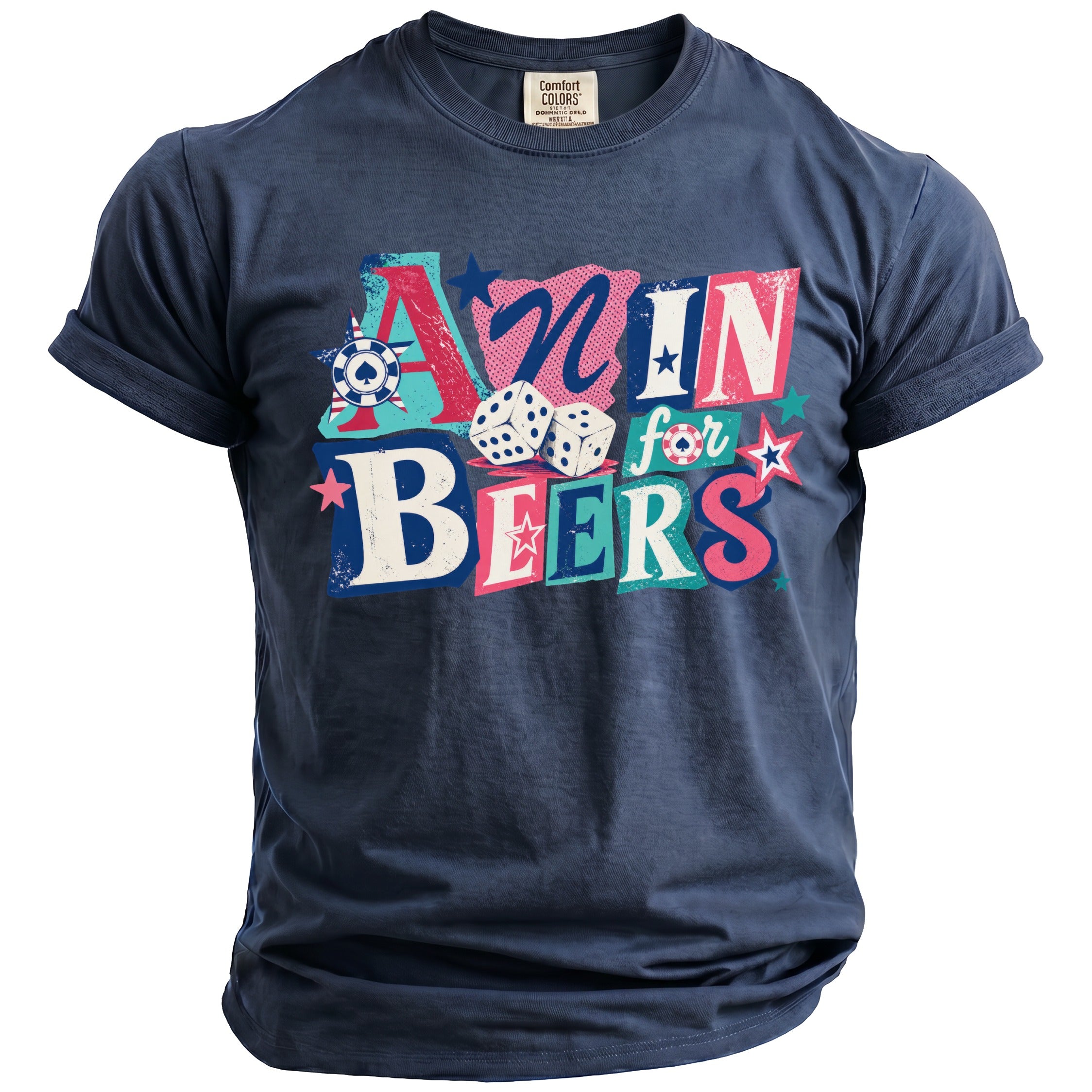 Navy t-shirt with "AZ-N IN BEERS" text, dice, and casino symbols.