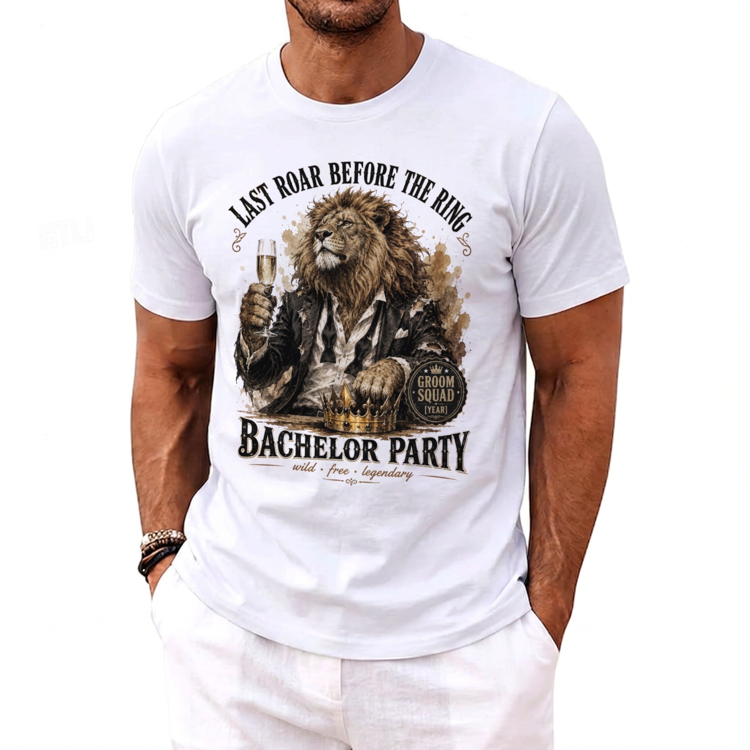 White t-shirt with graphic of a lion holding a champagne glass, "Last Roar Before the Ring".
