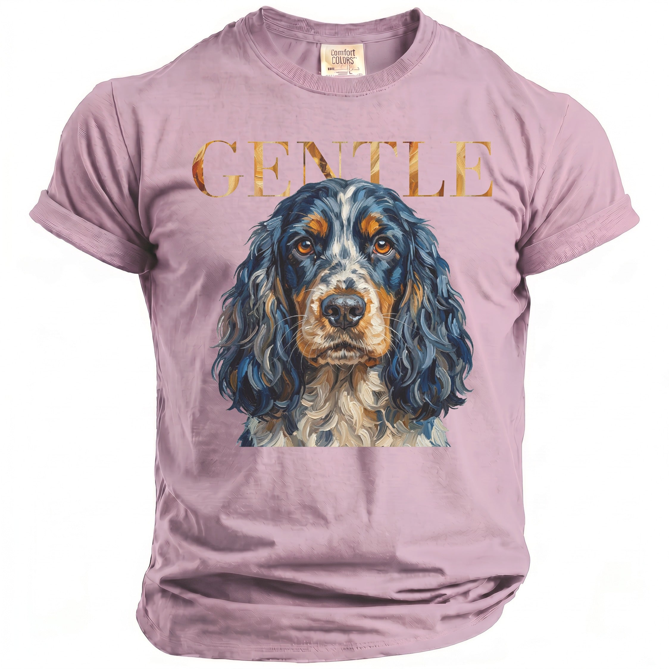 Purple t-shirt with a painted portrait of a cocker spaniel and the word "GENTLE"