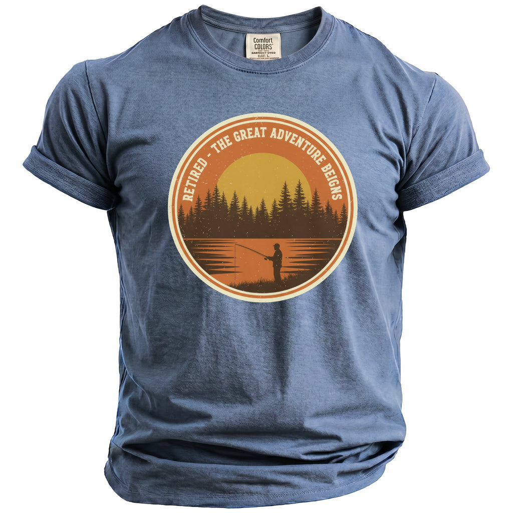 Blue t-shirt with "Retired - The Great Adventure Reigns" fishing graphic.