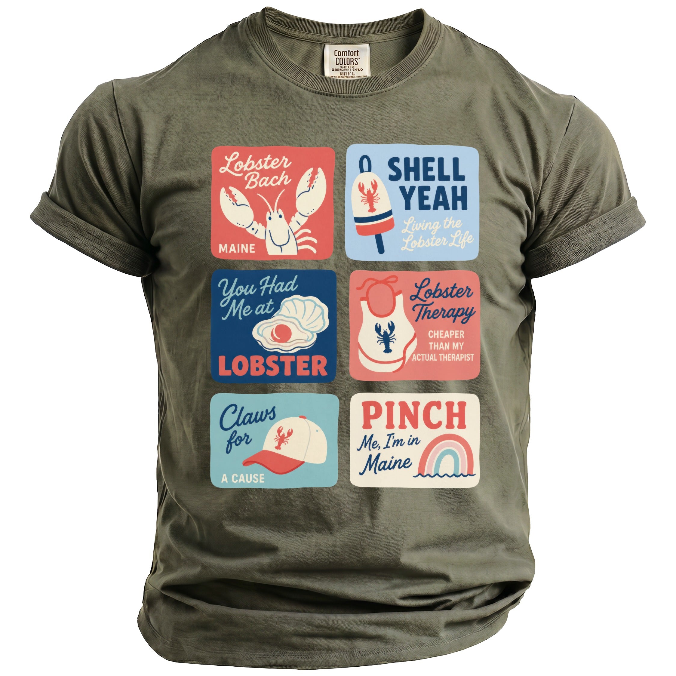 Olive green t-shirt with six squares of lobster-themed graphics and text.