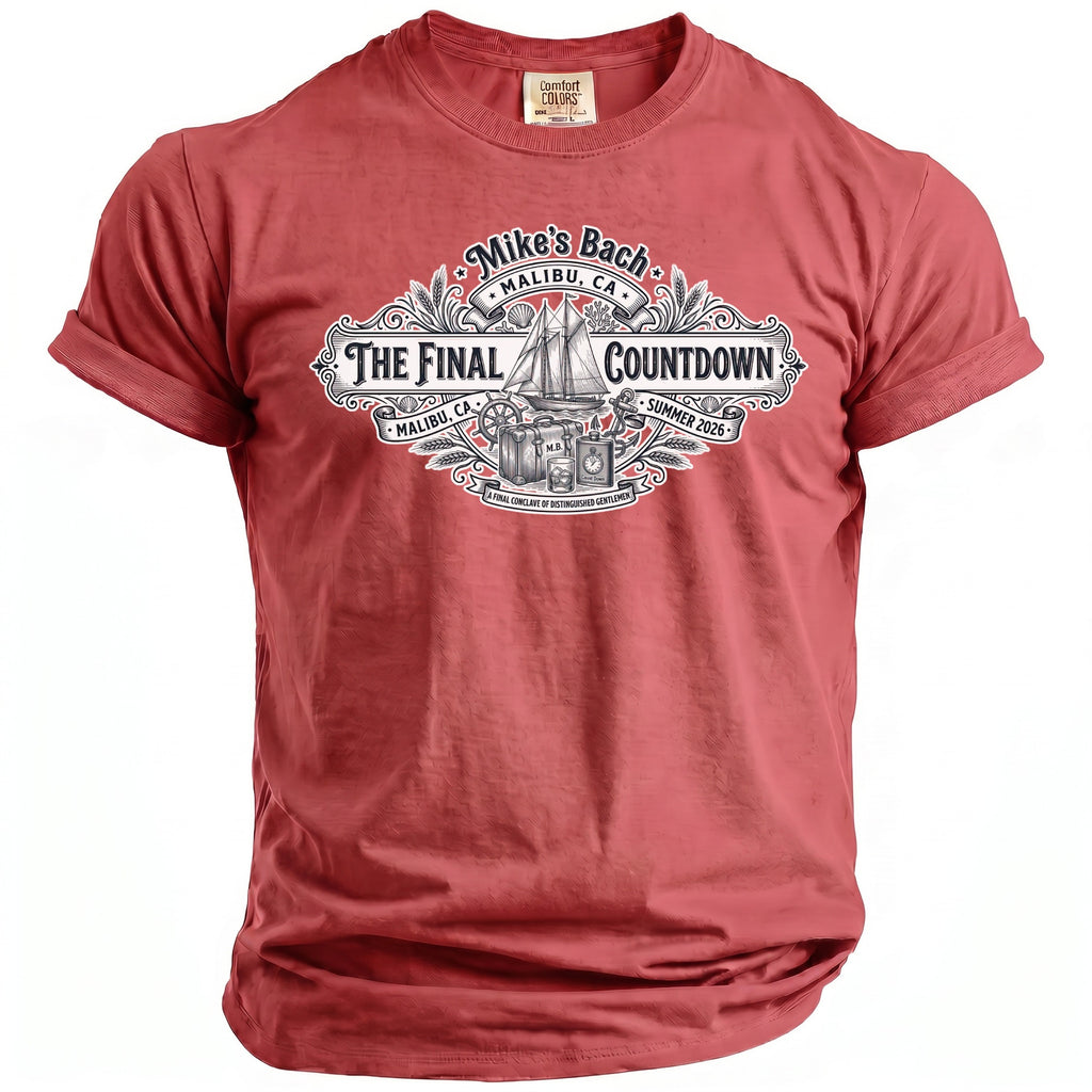 Red t-shirt with "Mike's Bach The Final Countdown Malibu CA Summer 2026" graphic.