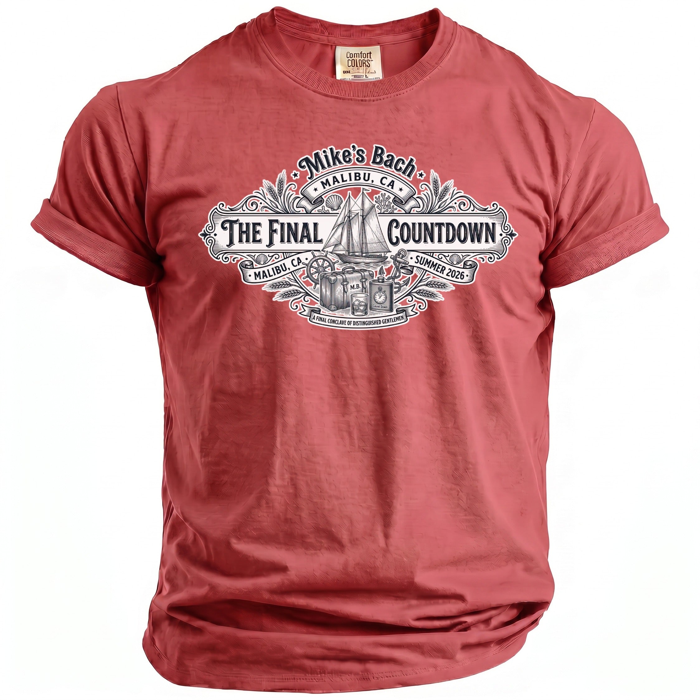 Red t-shirt with "Mike's Bach The Final Countdown Malibu CA Summer 2026" graphic.