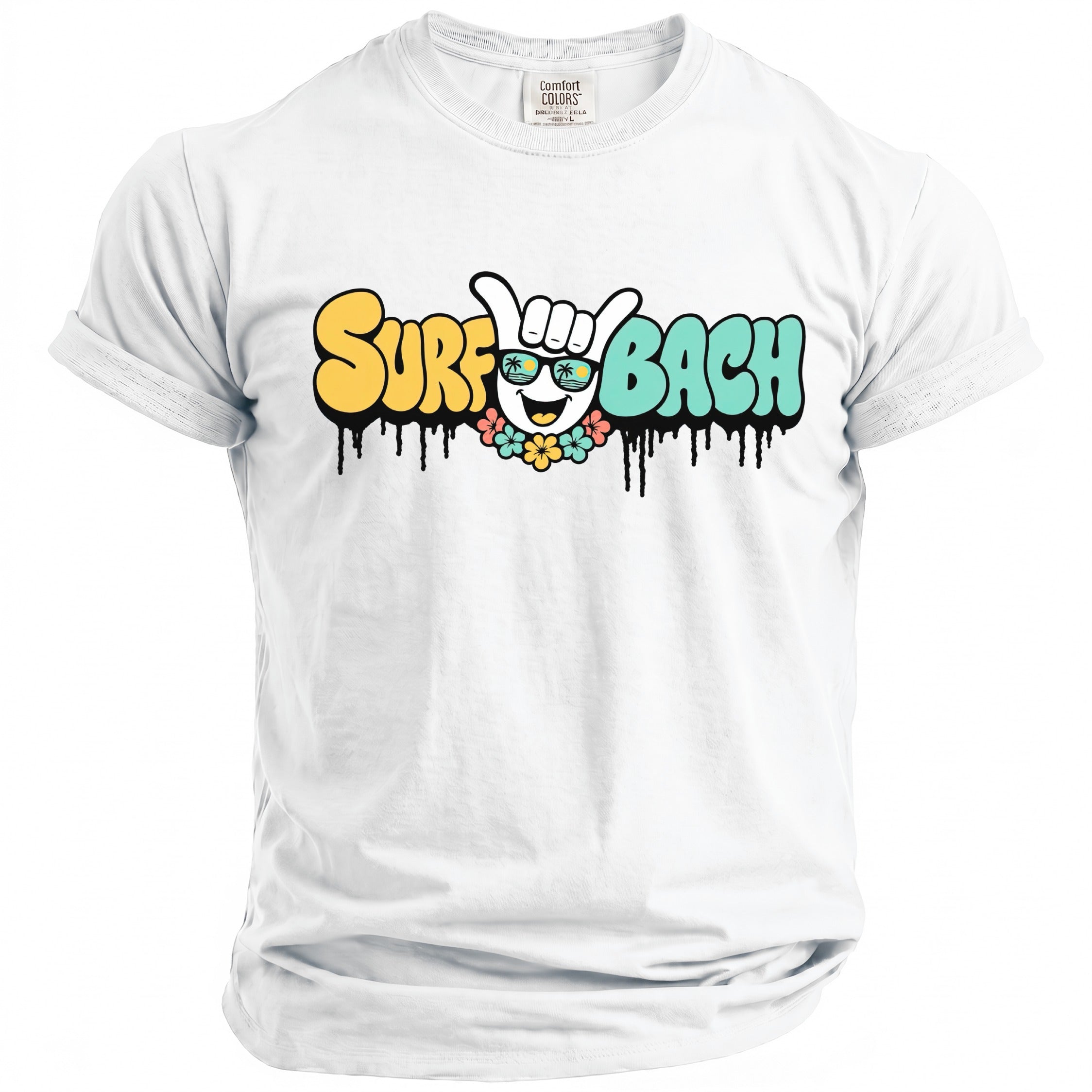 White t-shirt with "SURF BACH" text and a cartoon sun wearing sunglasses and a lei.