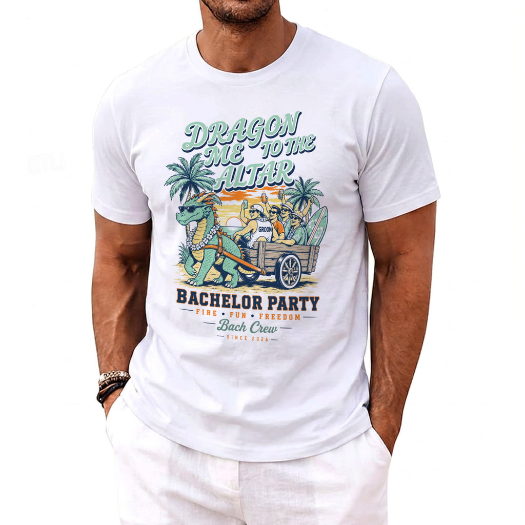 White t-shirt with "Dragon Me to the Altar Bach Crew" text and a dragon pulling a cart.