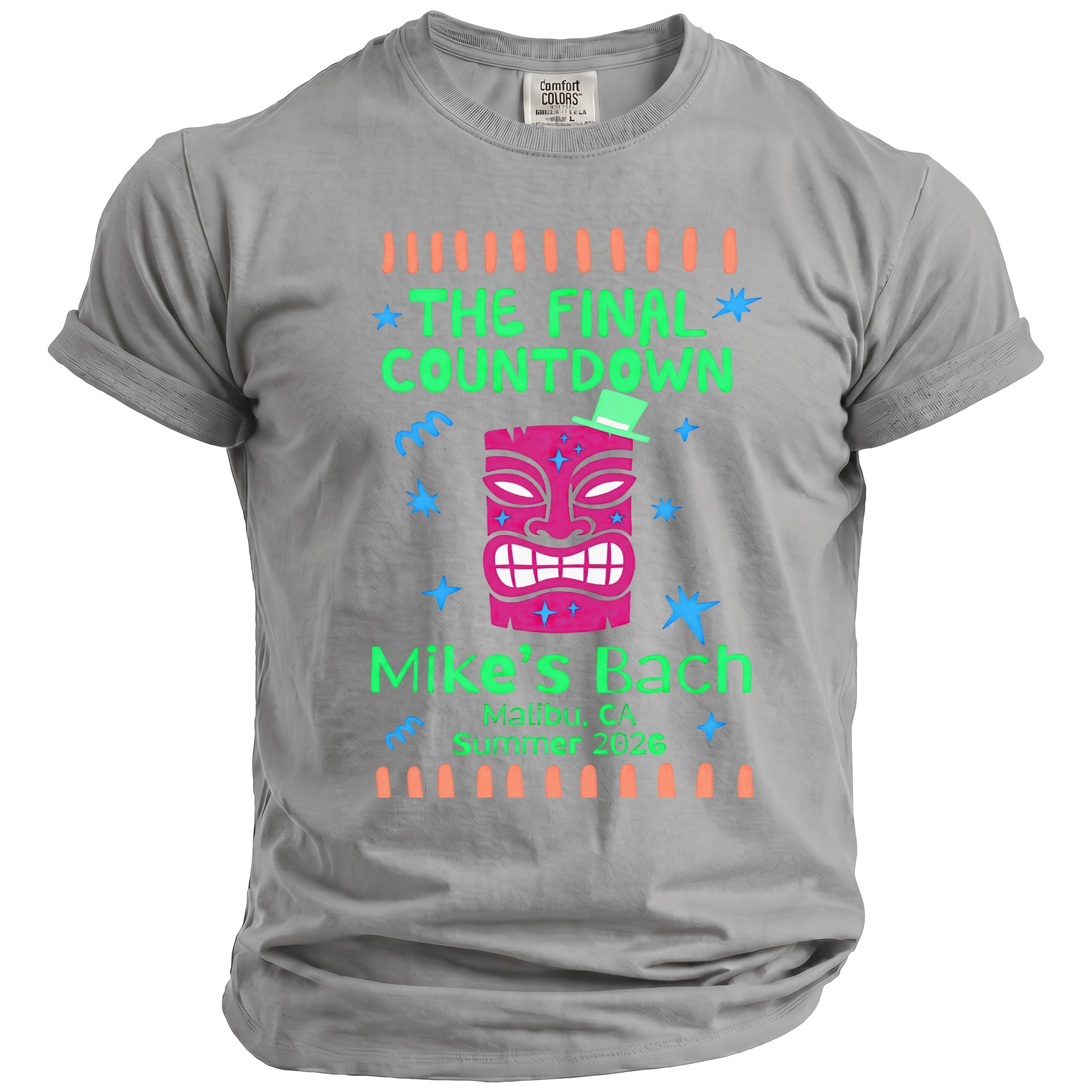 Grey t-shirt with "The Final Countdown" and "Mike's Bach Malibu CA Summer 2026".
