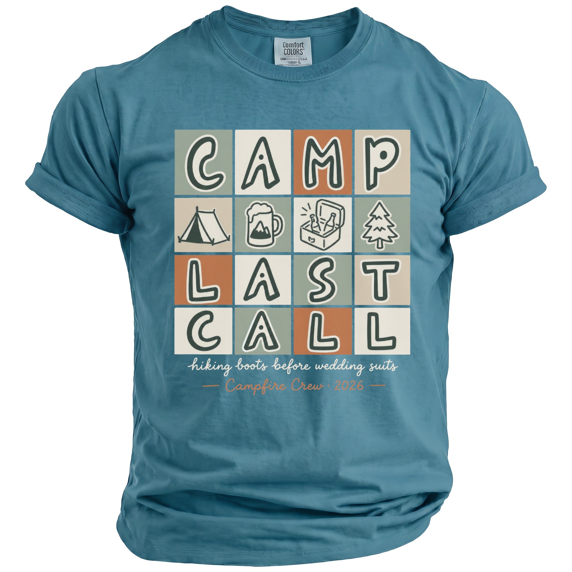 Teal t-shirt with "CAMP LAST CALL" graphic, camping icons, and "Campfire Crew 2026".