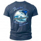 Blue t-shirt with "Bahamas" and fishing graphics, including a marlin and shark.