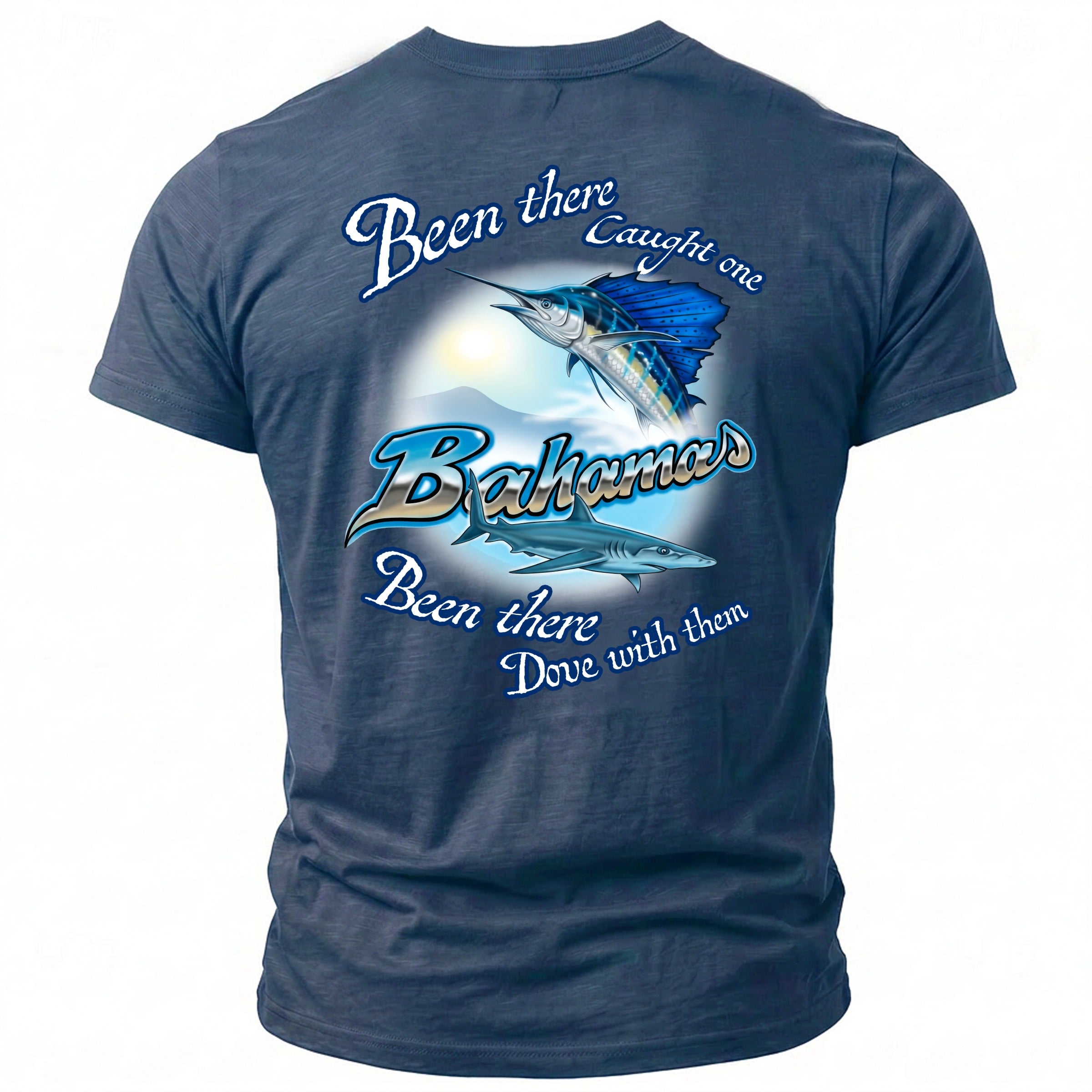 Blue t-shirt with "Bahamas" and fishing graphics, including a marlin and shark.