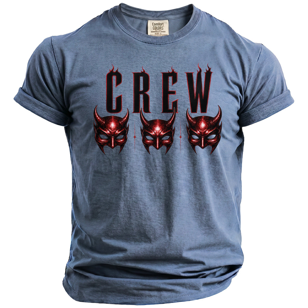 Crew t-shirt with red devil masks and flames graphic.