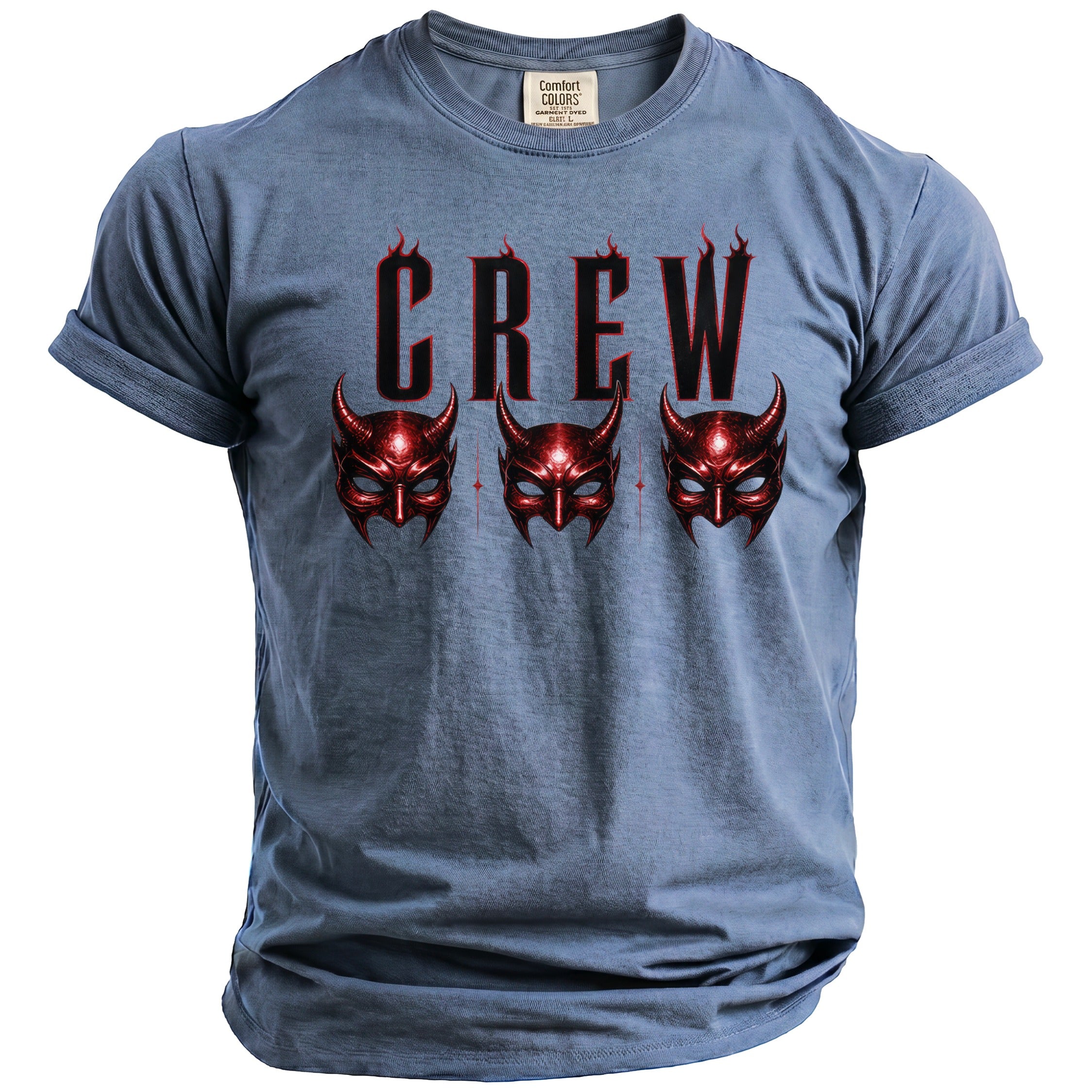 Crew t-shirt with red devil masks and flames graphic.