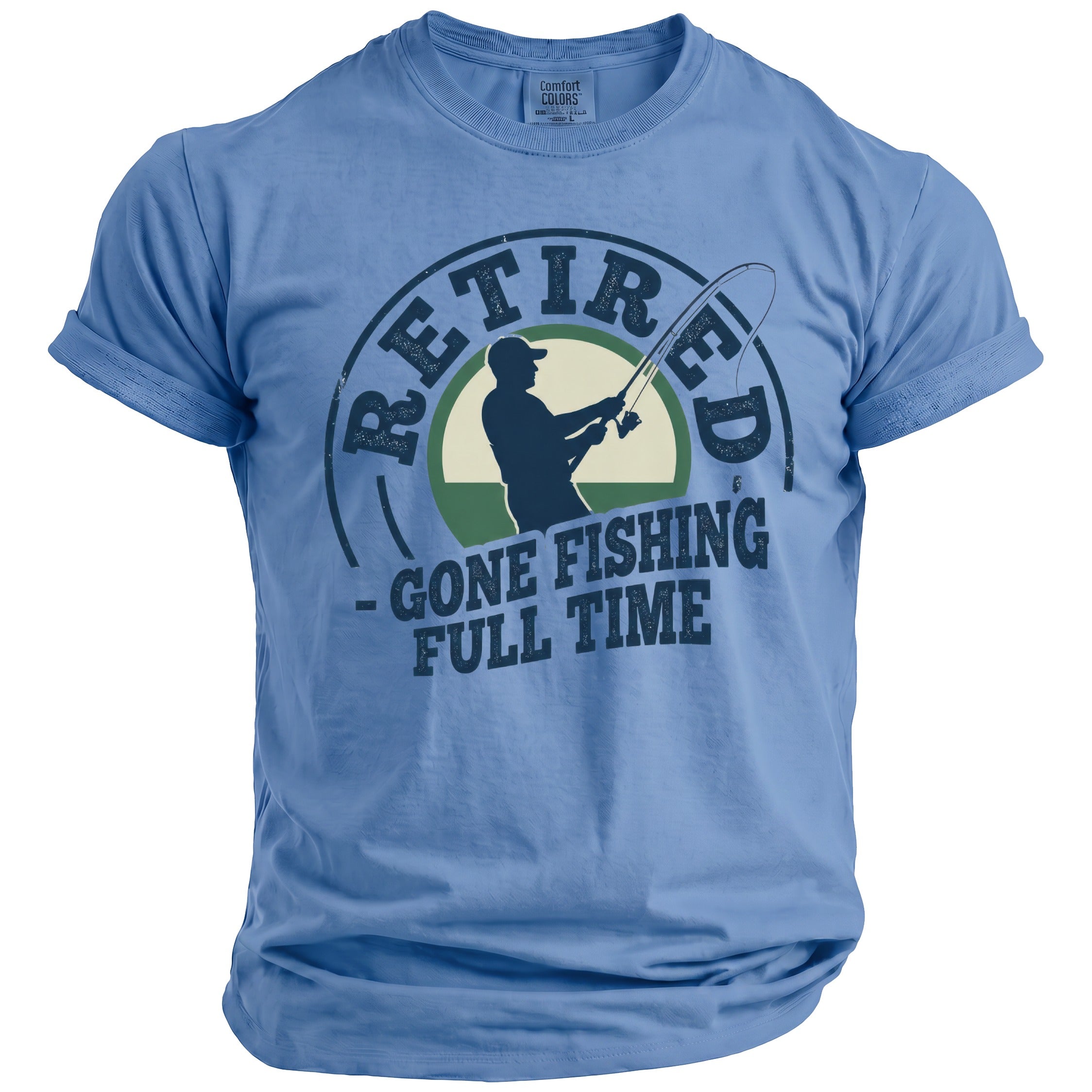 Blue t-shirt with "Retired - Gone Fishing Full Time" graphic and angler silhouette.