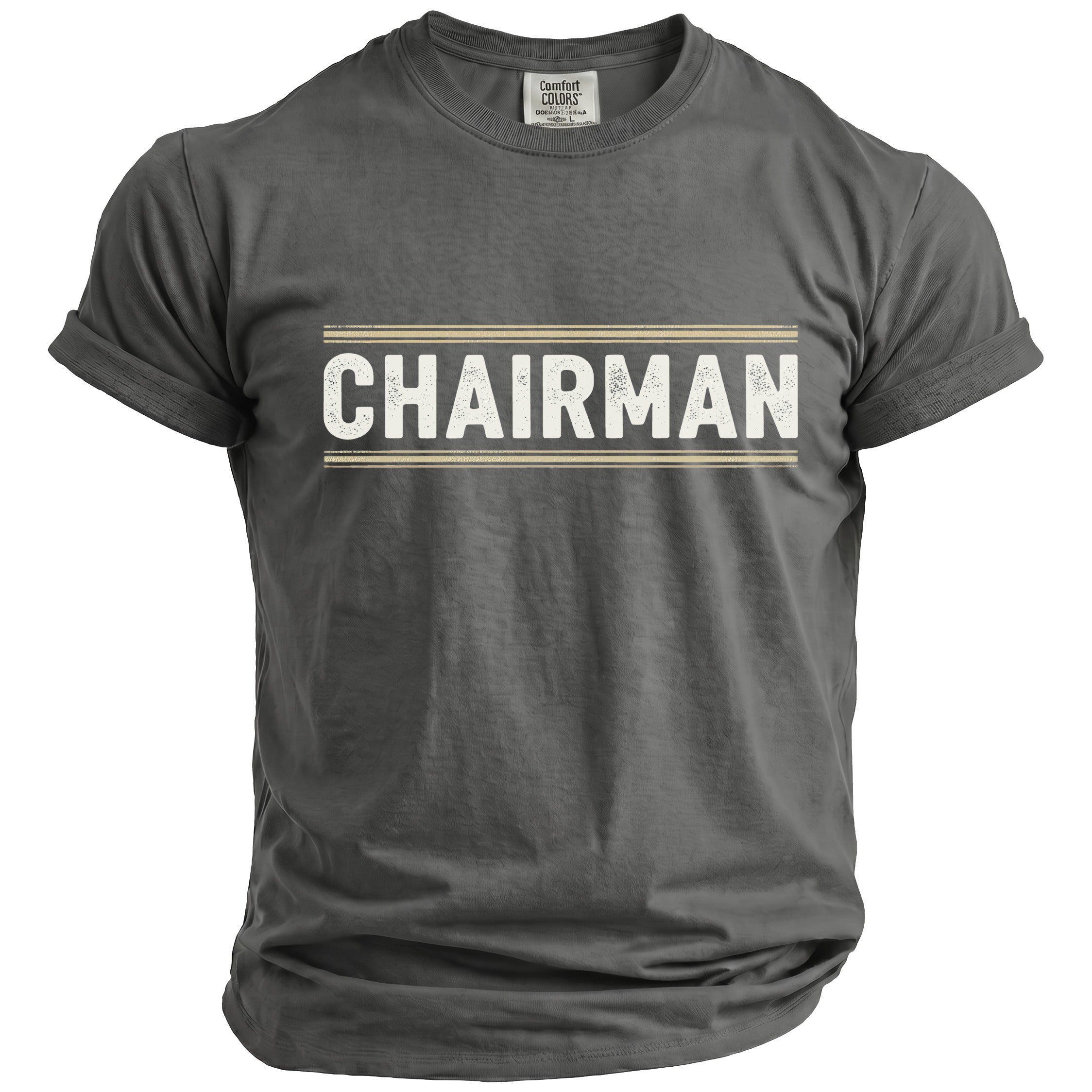 Grey t-shirt with white "CHAIRMAN" text and horizontal lines.