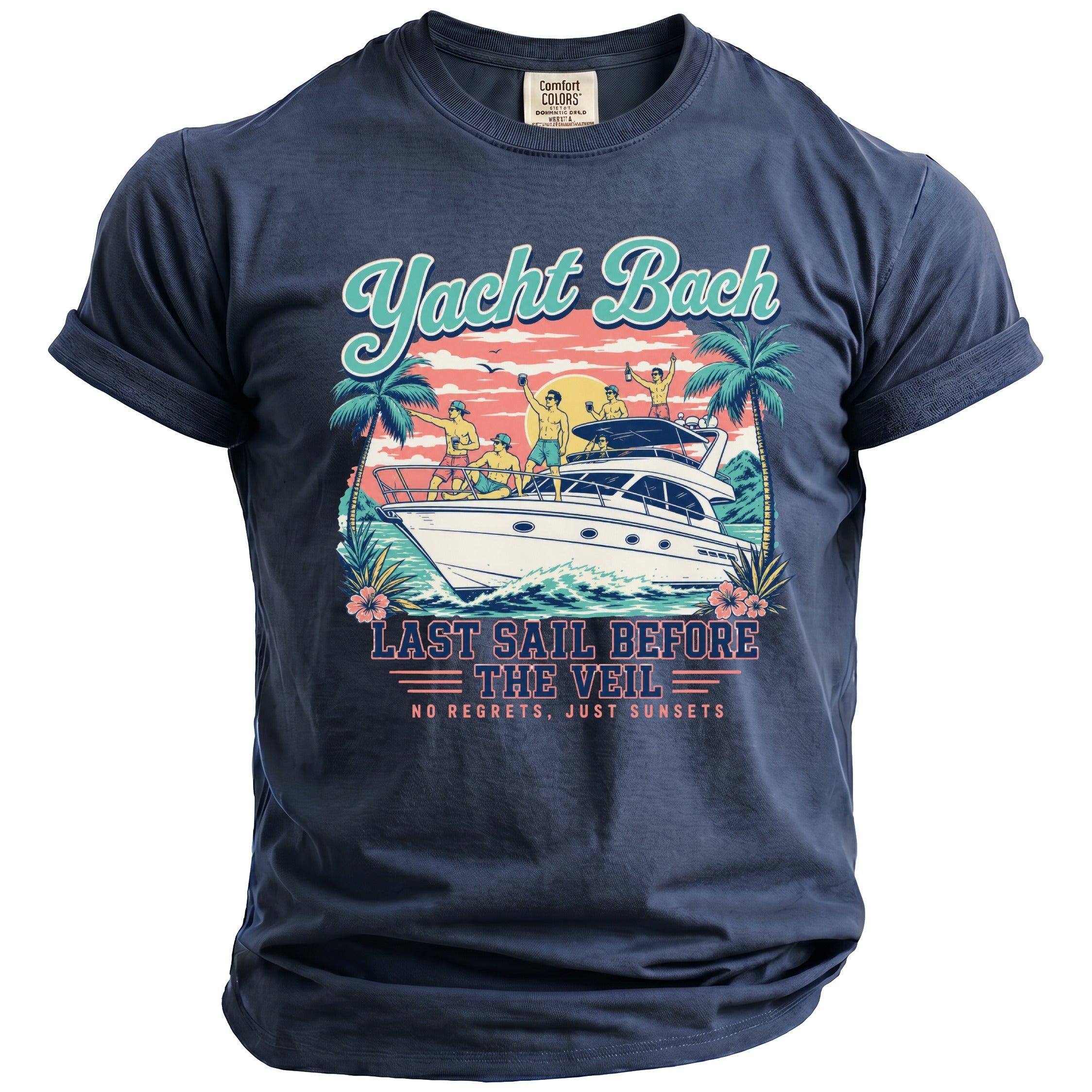 Navy blue short sleeve t-shirt featuring a retro graphic of men partying on a yacht at sunset.