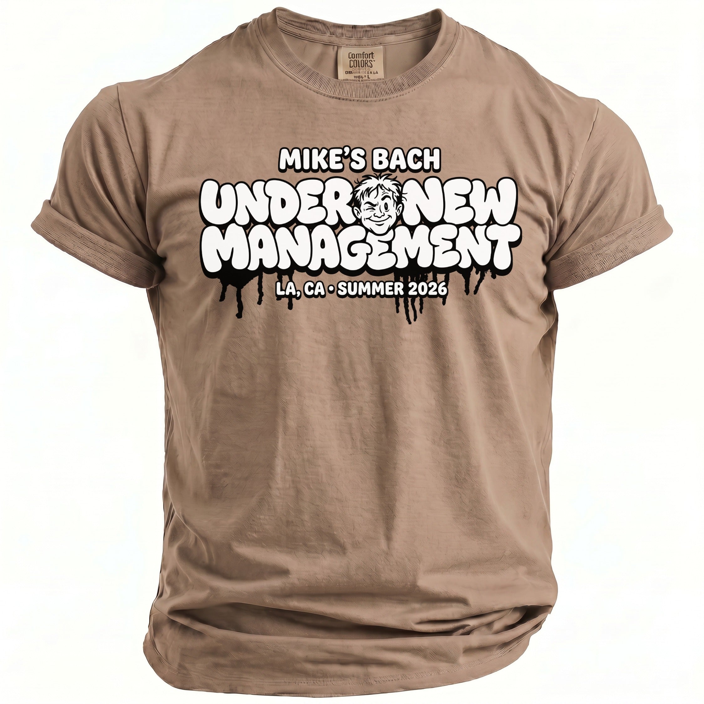 T-shirt with "Mike's Bach Under New Management LA, CA Summer 2026" graphic.