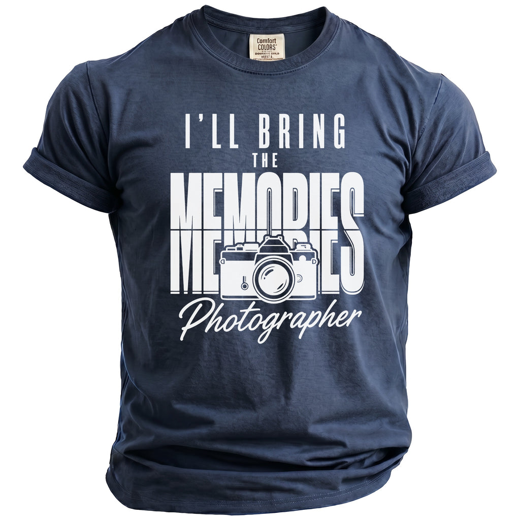 Dark blue t-shirt with white text and camera graphic: "I'll Bring the Memories, Photographer"