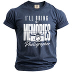 Dark blue t-shirt with white text and camera graphic: "I'll Bring the Memories, Photographer"
