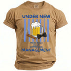 Brown t-shirt with blue stripes, beer mug, cigar, bowtie, and text: Under New Management, Mike's Bach, LA, CA, Summer 2026.