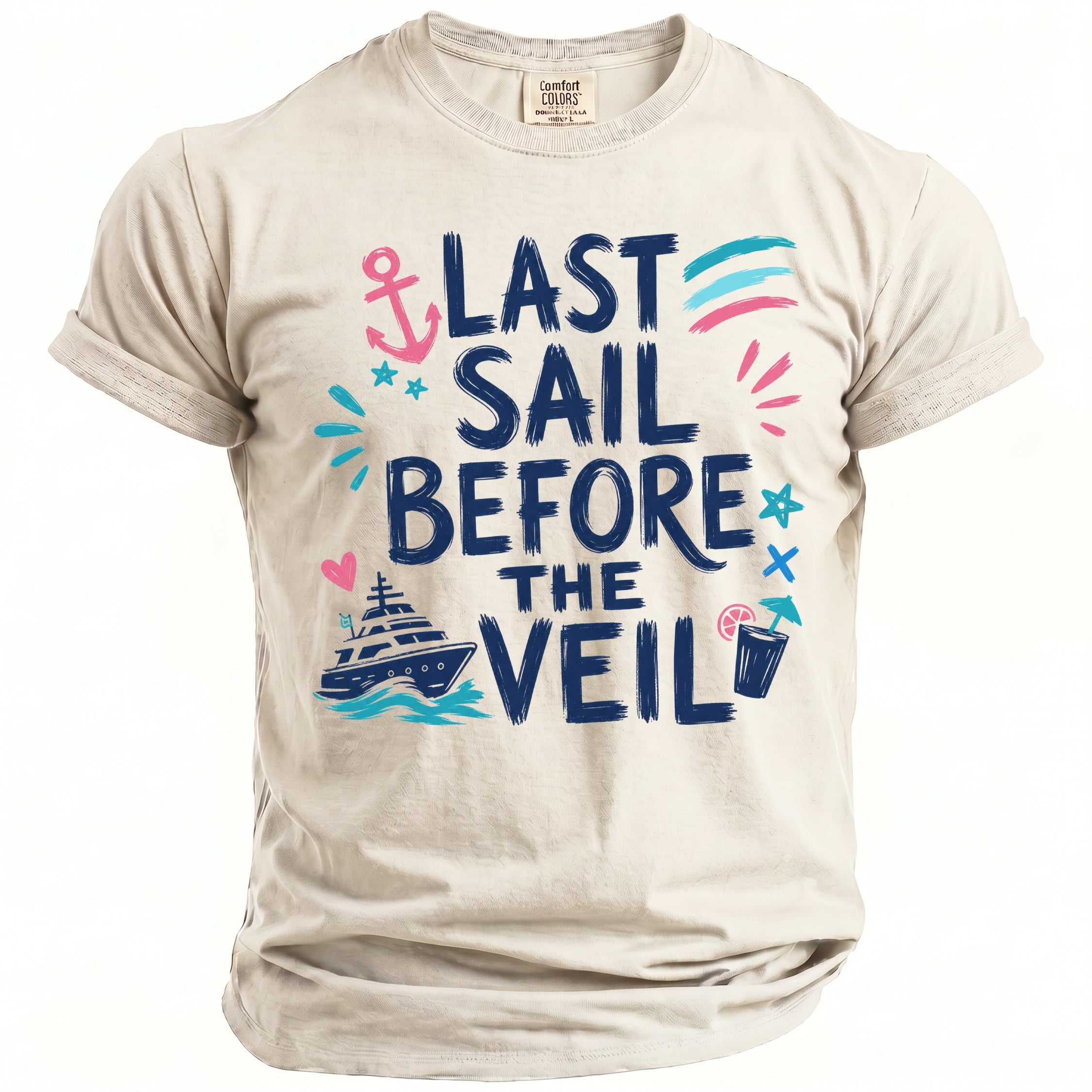 A cream-colored crewneck t-shirt with blue and pink nautical graphics and the text LAST SAIL BEFORE THE VEIL.