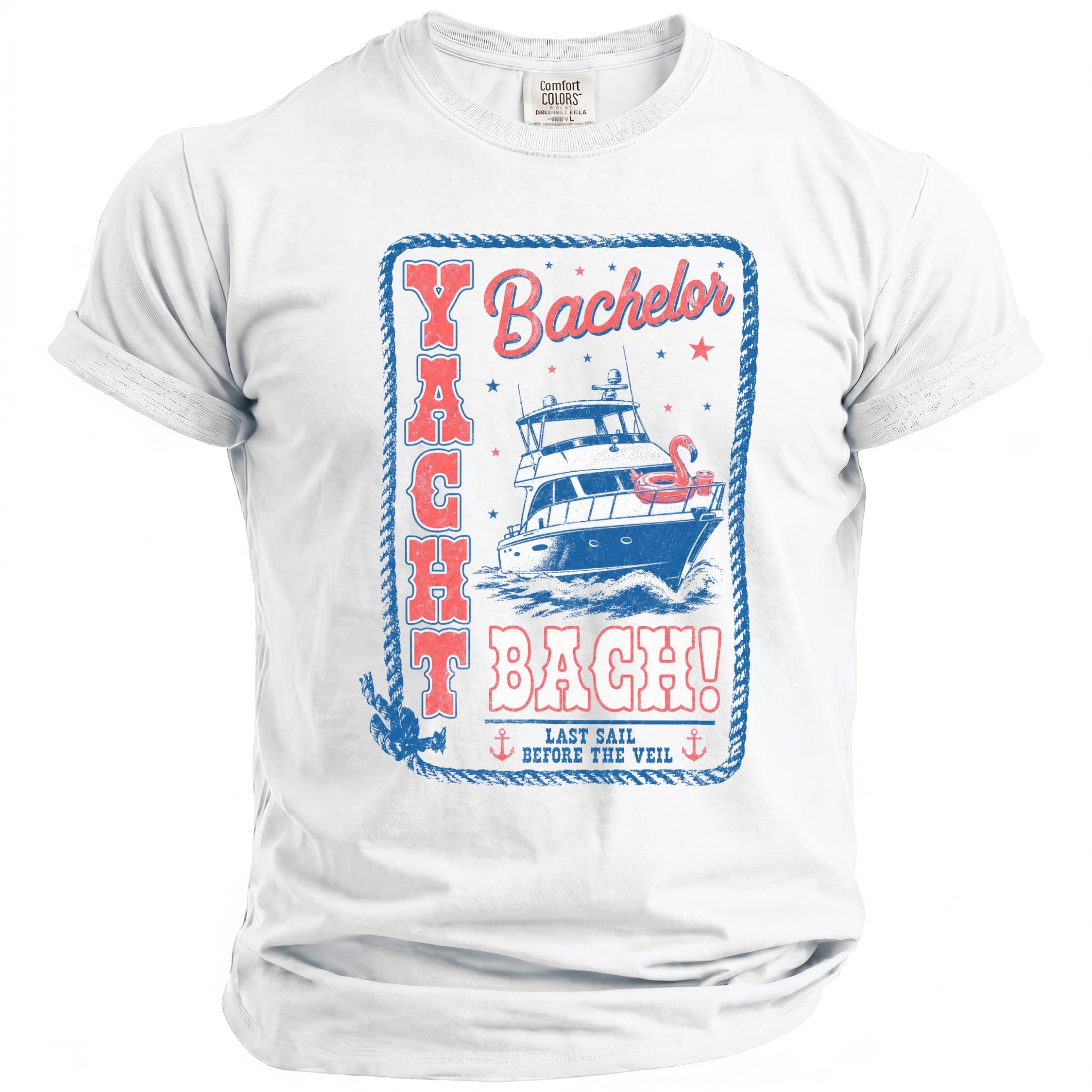 A white short-sleeved t-shirt featuring a blue and red nautical graphic that reads Yacht Bach with a boat illustration.